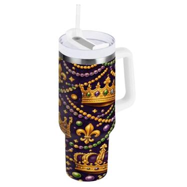 Imagem de Blueangle Copo isolado com coroa de carnaval de 1,134 g com alça e tampa de palha, caneca de viagem reutilizável de aço inoxidável (878)