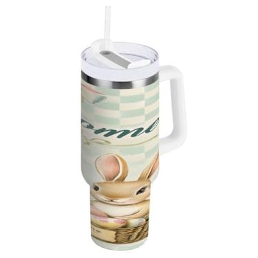 Imagem de STAYTOP Copo de coelhinho da Páscoa de 1,134 g com tampa e canudo, copo isolado de aço inoxidável durável à prova de vazamento com alça, garrafas de água à prova de derramamento para viagens