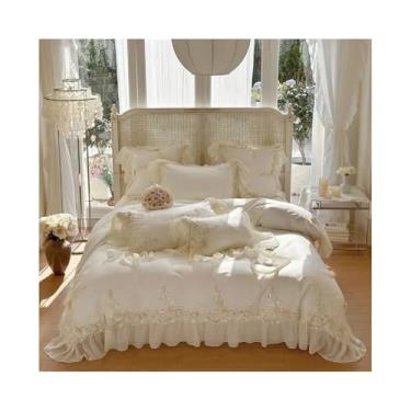 Imagem de x3anggyt5 Jogo de cama de algodão egípcio estilo princesa francesa King Queen, capa de edredom bordada com babados românticos com flores de renda 3D (tamanho king 220 * 240 cm 4 peças)