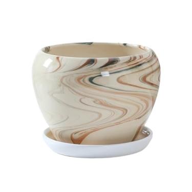 Imagem de KHUTRW3D Vaso de cerâmica com bandeja, vaso de flores doméstico, sala de estar, orquídea, cacto, vaso para plantas pequenas, ambientes internos e externos (médio)