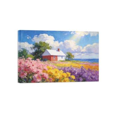 Imagem de BMZFYBS Impressão em tela de arte de parede de paisagem-casa flores nuvens pintura decoração quadros para sala de estar pronto para pendurar 20x30cm8x12in tela embrulhada