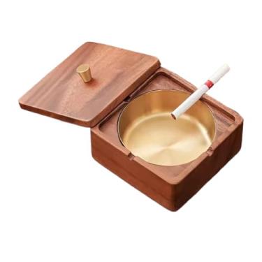 Imagem de Cinzeiros para cigarros ao ar livre com tampa quadrado de madeira com aço inoxidável decorativo portátil para casa, pátio, escritório, bandeja de cinzeiro interna ao ar livre (ouro)