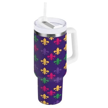 Imagem de Blueangle Copo isolado para Mardi Gras de 1,134 g com alça e tampa de palha, caneca de viagem reutilizável de aço inoxidável (455)