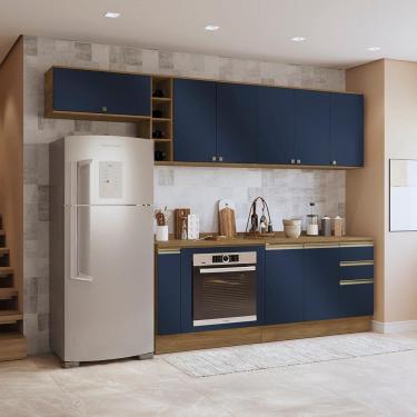 Imagem de Armário de Cozinha Completa 3 Gavetas 100% MDF 300cm Nogueira/Azul Profundo Celeste Kappesberg