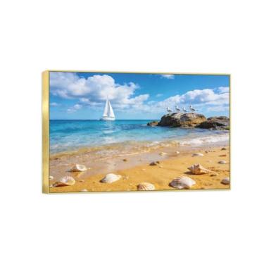 Imagem de Impressão em tela de paisagem pronta para pendurar - praia mar barco - pintura de arte de parede - decoração de casa moderna imagem moldura dourada 20 x 30 cm 8 x 12 pol