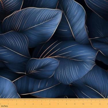 Imagem de Tecido de folhas 3D da Yard Tecidos de folhas botânicas azuis amarelas para amantes de costura, estilo simples moderno, tecido de decoração de plantas para estofamento DIY e detalhes em casa, 3 metros