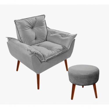 Imagem de Kit C-01 Poltrona Opala + 01 Puff Redondo Danny Suede Cinza Claro