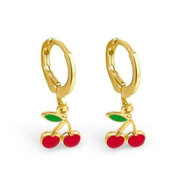 Imagem de Brinco Argolinha de Cereja com Resina Folheado a Ouro para Bebês e Cri