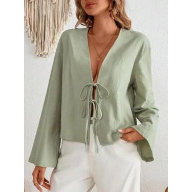 Imagem de Blusa Feminina Solta Com Decote Em V, Renda E Manga Bufante Vazada, Mo