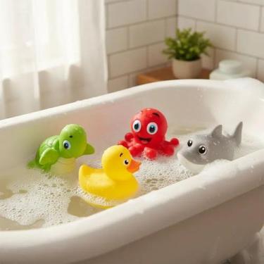 Imagem de Kit Com 4 Brinquedos Para Banho Banheira Pato Tubarão Tartaruga Polvo 