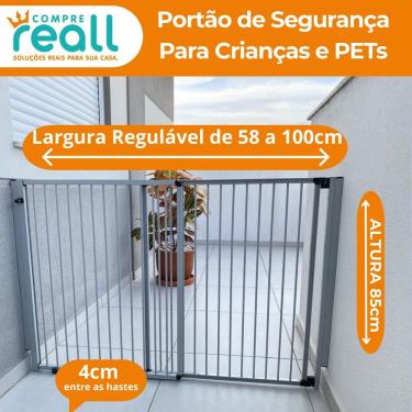 Imagem de Portão de segurança Crianças e PET Altura 85cm x Largura 58 a 100cm Alumínio Cinza