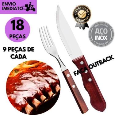 Imagem de Kit 18 Faca Jumbo 5" Tipo Outback e Garfo Inox Cabo Madeira Tradiciona