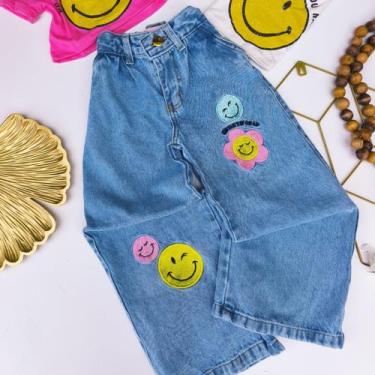 Imagem de Calça Jeans infantil Wide Leg bordada Cor:AzulTamanho:6Y - Cheios de C
