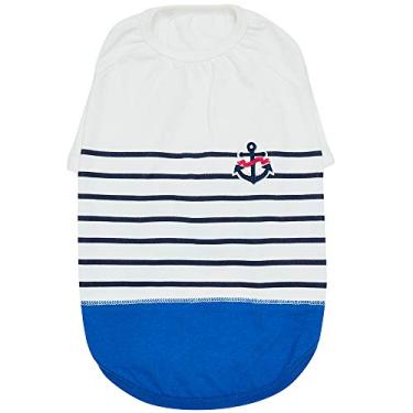 Imagem de Blueberry Pet 2020 Camiseta de algodão clássica macia e confortável em listras azuis, comprimento das costas 40,6 cm, pacote com 1 roupa para cães