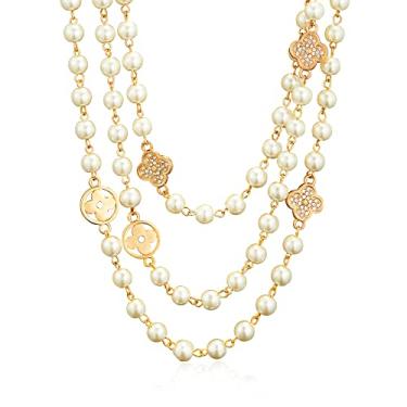 Imagem de IDOKAWA Colar Feminino, Colar em Camadas de Pérolas Redondas de 8 mm, Colar Longo Delicado para Festas, Bijuterias Vintage