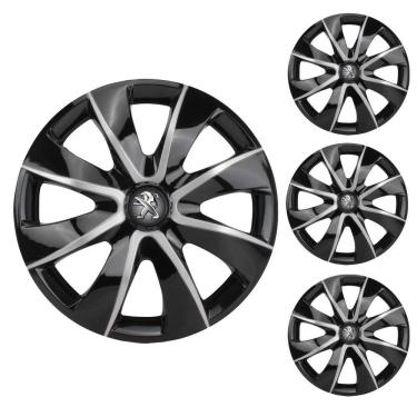 Imagem de Jogo Calota Aro 14 Prime Black Silver Elitte Preto Prata + Emblema Resinado Peugeot (206 207 208 307)