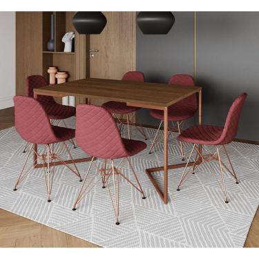 Imagem de Mesa Industrial Retangular Amêndoa Base V Cobre 137x90cm C/ 6 Cadeiras Estofadas Vermelhas Cobre 