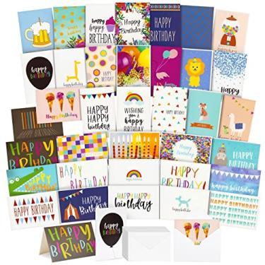 Imagem de Pacote com 36 cartões comemorativos e envelopes de aniversário, 36 designs exclusivos para adultos e crianças, 10 x 15 cm