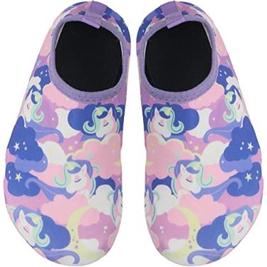 Imagem de BomKinta Sapatos aquáticos infantis meninos meninas descalço secagem rápida meias aquáticas antiderrapantes para praia piscina, Unicórnio roxo azul, 0-6 Meses