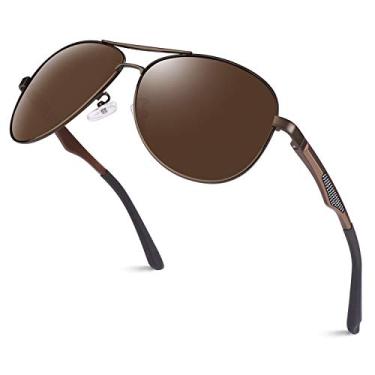 Imagem de GQUEEN Óculos de sol polarizados estilo militar clássico com dobradiças de mola Al-Mg para homens e mulheres MOS1, Armação marrom/lente marrom