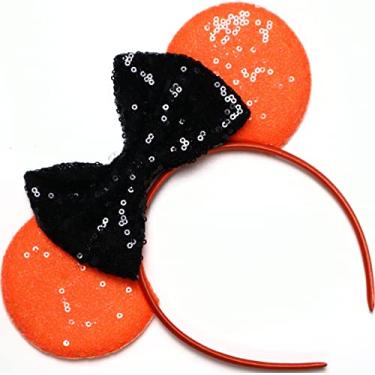 Imagem de CLGIFT Orelhas de Minnie Mouse de Dia das Bruxas, orelhas laranja da Minnie Mouse, faixa de cabeça preta do Mickey Mouse, fantasia de Halloween