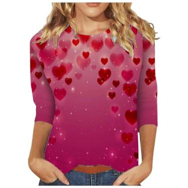 Imagem de Moletons femininos para o Dia dos Namorados Love Heart Graphic Tees Camiseta Slim Fit Manga 3/4 Raglans Tops, Vinho nº 2, M