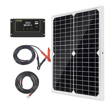 Imagem de Kit de painel solar TP-solar monocristalino 20 W 12 V com controlador de carga solar de 10 A + cabo de extensão com clipes de bateria, terminal de anel de vedação para sistema de RV Marine Boat Off Grid