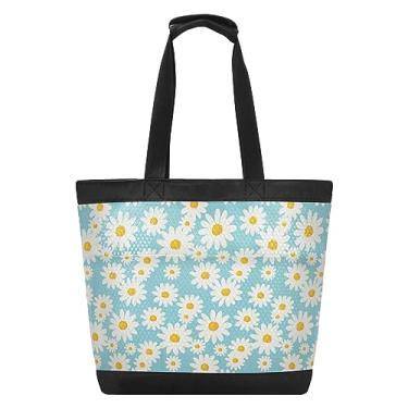Imagem de senya Sacolas de praia grandes bolsas de lona bolsa de ombro Sealives Sea World Sacos resistentes à água para academia viagens diárias, Flores de margarida de primavera de malha, One Size