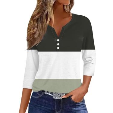 Imagem de Camisetas femininas de manga 3/4 2024 Color Block com botões e gola V, blusa túnica casual de verão, Rosa choque, 3G