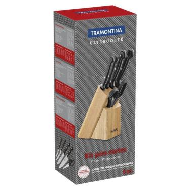 Imagem de Jogo De Facas Tramontina Ultracorte Aço Inox Cabos De Polipropileno Preto Suporte De Madeira 6 Peças