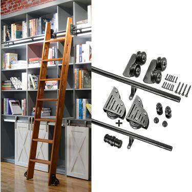 Imagem de Biblioteca de ferragens para escada rolante Kit de ferragens para escada deslizante Trilhos de escada móvel de tubo redondo de aço de 3,3 pés-20 pés com rodas de rolo de piso (sem escada), p