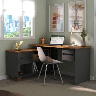 Imagem de Kit 2 Peças com Escrivaninha em L Retrô com 5 Nichos e 2 Gavetas e Gaveteiro Suspenso Organizador Freijó/Preto