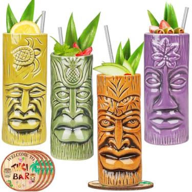 Imagem de Conjunto de 4 canecas Tiki - Copos de coquetel exóticos, copos de festa havaiana com porta-copos e canudos para Mai Tai, Pina Colada, Tiki Bar