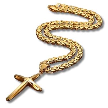 Imagem de Colar Masculino "King Christ" com Crucifixo em Aço Inoxidável 316L Banhado a Ouro 18k – Design Religioso de Luxo, Fé e Proteção – 61cm – Acompanha Bolsa de Veludo