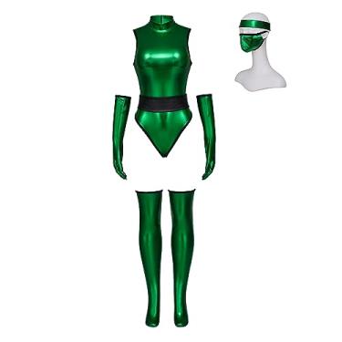 Imagem de RocailleCos Mortal MK Jade cosplay fantasia feminina sexy verde macacão kombat com máscara Ninja Fighter Outfit (XP, verde)