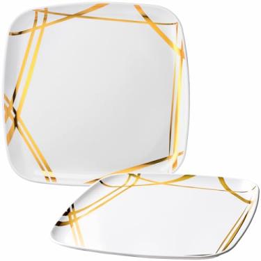 Imagem de Bandejas de servir de plástico quadradas da coleção Twist Luxuosa, branco/dourado – 35,5 x 35,5 cm (pacote com 2) – Travessas versáteis e estilosas | Perfeito para reuniões e eventos