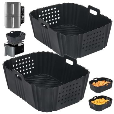 Imagem de BYKITCHEN Forros de silicone Air Fryer para fritadeira Ninja SL401 Double Stack 2 cestas, forros retangulares perfurados de silicone reutilizáveis para fritadeira dupla, acessórios Ninja DoubleStack