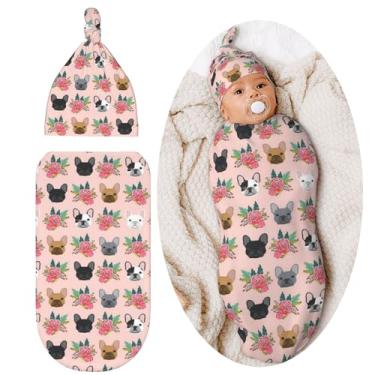 Imagem de Lcokin Lindo cobertor de cachorro buldogue francês para bebês recém-nascidos cobertor de dormir saco de dormir com gorro, conjuntos de chapéus, presentes para meninos, meninas, bebês e chá de bebê