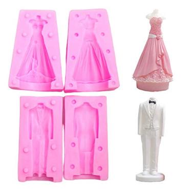Imagem de Conjunto de vestidos de noiva 3D para noivas e noivos smoking de silicone, molde de sabonete, molde de chocolate para decoração de bolo de casamento, lembrancinhas de velas de casamento (conjunto de