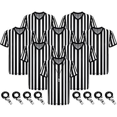 Imagem de Ramede 8 conjuntos de camisa de árbitro com apito camisa oficial de árbitro de futebol árbitro camisa de árbitro traje de Halloween para homens e mulheres, Preto e branco, GG