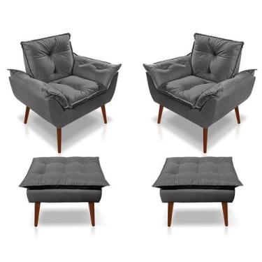 Imagem de Kit 02 Poltrona Opala + 02 Puf Opala Suede Cinza Escuro -RV DECORA - C