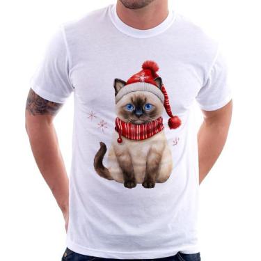 Imagem de Camiseta Gato Natalino Gorro e Cachecol - Foca na Moda, Branco, P