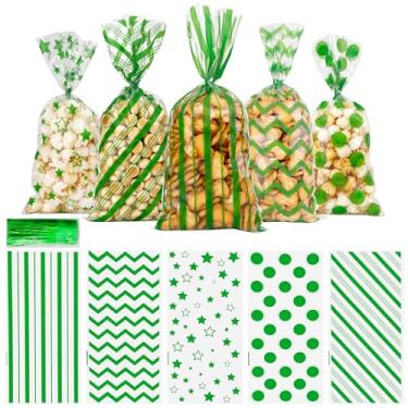 Imagem de Sacos de celofane verde, sacos de guloseimas de celofane, 100 unidades de sacos de doces verdes, sacos de biscoitos de plástico, sacos de presente com laços torcidos para lembrancinhas de festa de