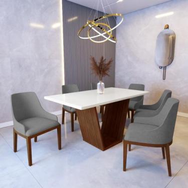 Imagem de Mesa de Jantar 1,6m Safira Off White com 6 Cadeiras Elisa Linho Cinza 