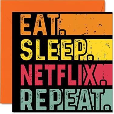 Imagem de Cartão de aniversário engraçado para ela ou ele – Eat, Sleep, Netflix, Repeat – Cartões de feliz aniversário para amantes de filmes de TV, 14 x 14 cm, cartões de aniversário para todas as ocasiões, crianças ou adultos