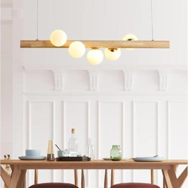 Imagem de Luminária pendente de madeira LED para mesa de jantar Lâmpada suspensa vintage luminária suspensa com altura ajustável bola feita de iluminação de vidro com lâmpadas G9 Luz de teto retrô par