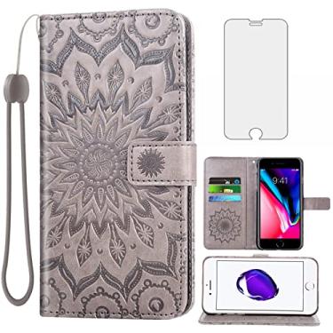Imagem de Capa de celular para Apple iPhone SE 2020/7/8 com película de vidro temperado capa flip de couro suporte de cartão suporte para celular iPhoneSE2020 iPhone7 iPhone8 i Phones8 i7 i8 7s 8s feminino cinza