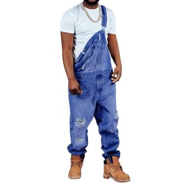 Imagem de Runcati Macacão masculino jeans jeans rasgado envelhecido moda casual alça ajustável ajuste solto hippie, Azul marinho, M