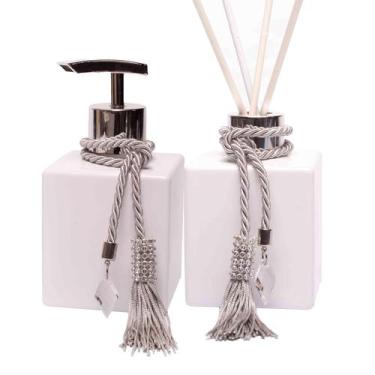 Imagem de Kit Lavabo Vidro Cubo Branco 250ml Banheiro Difusor Porta Saboneteira 