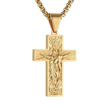 Imagem de HZMAN Colar com cruz de Jesus para homens e mulheres, pingente de cruz retrô de aço inoxidável, joia de fé cristã, presente, Aço inoxidável, Sem Pedra Preciosa
